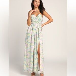 Lulu's Effortlessly Abloom Green Multi Floral Ruched Halter Maxi Dress